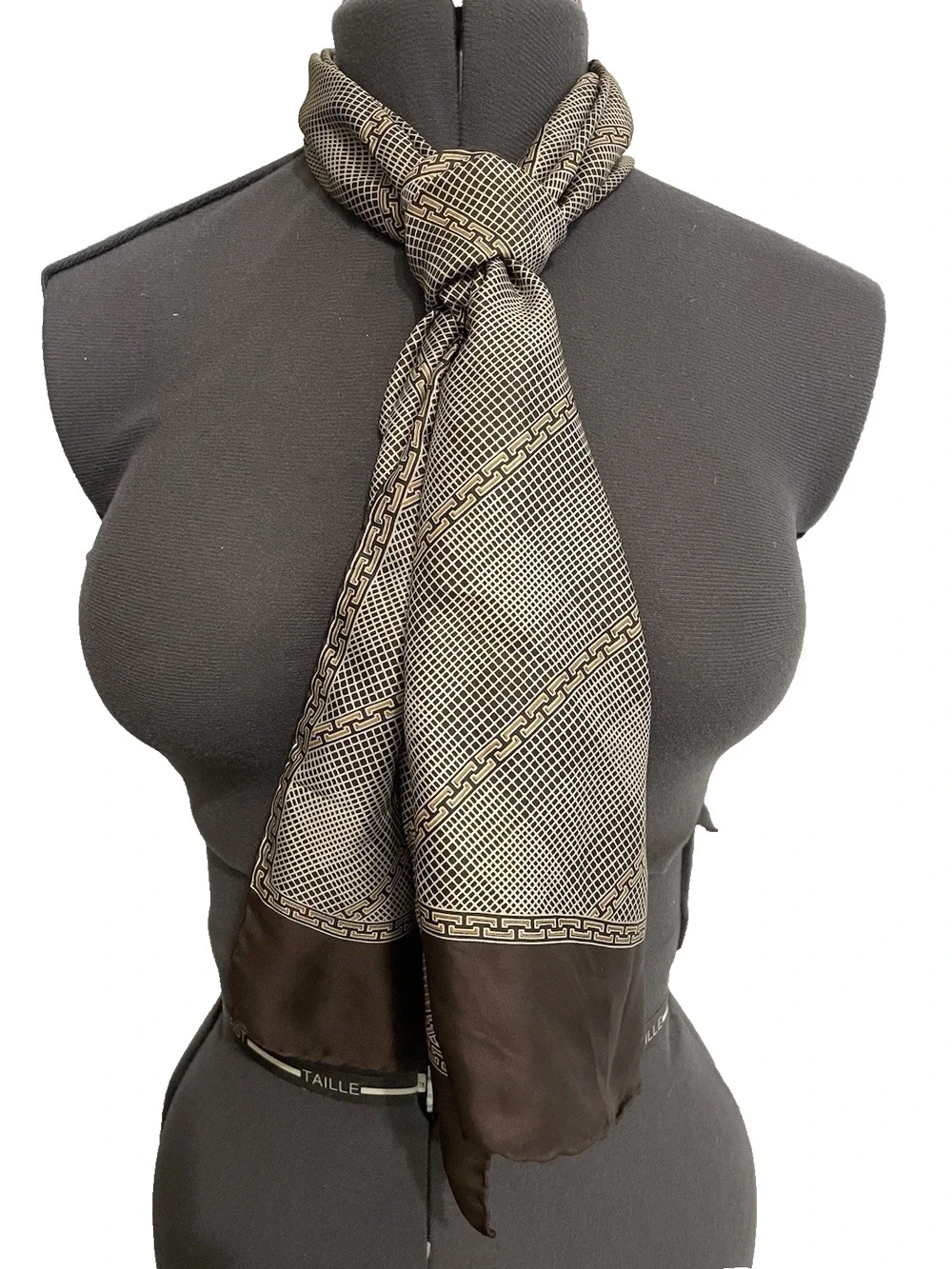 Vintage Silk Scarf 54” x 11” Made in Italy Brown Hand Rolled Plaid Boho Travel